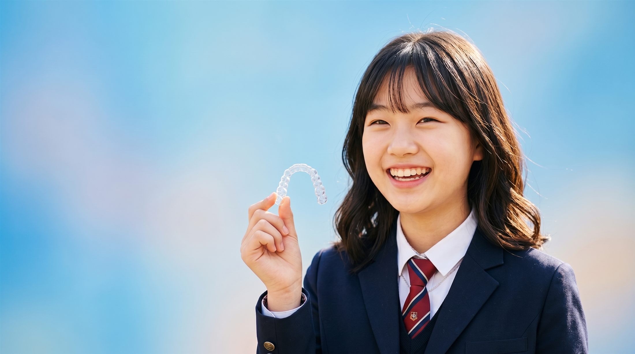투명교정 장치를 들고 웃는 청소년